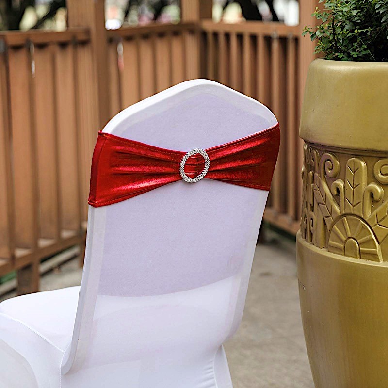 10 Red Metallic Spandex Chair Sashes with Silver Buckles Wedding Decorations