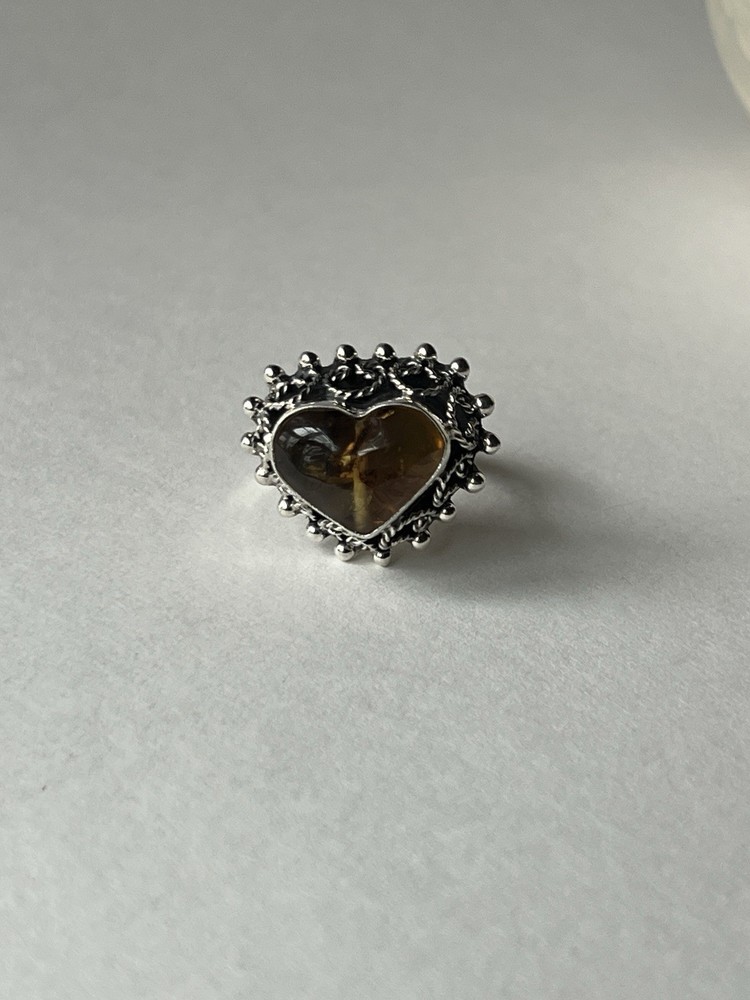Amber Heart Ring 925 Sterling Silver Adjustable Artisan Statement
