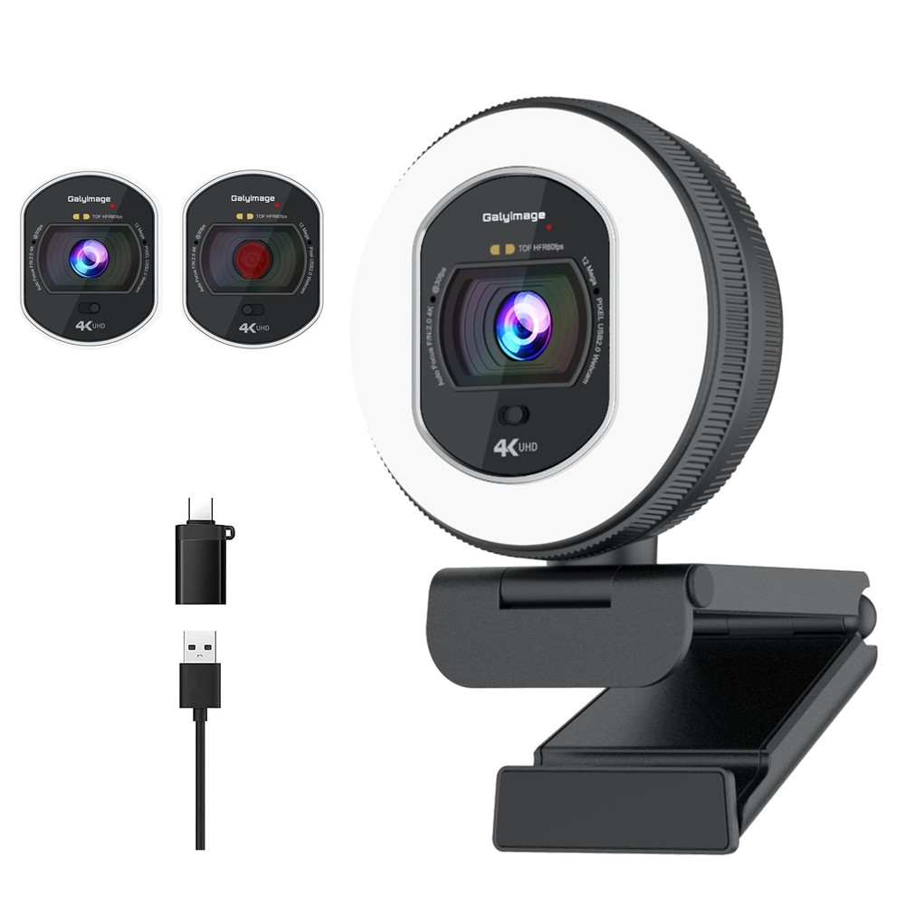 4K Webcam with Ring Light Web Cam 4K Autofocus with TOF Computer Camera 1080P...