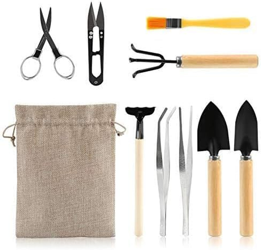 9 Piece Basic Bonsai Tools Set, Includes Pruning Shears, Mini Rake, Fold Scissor