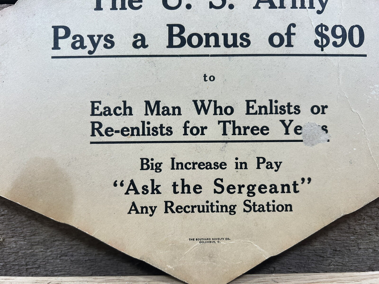 Vintage U.S. Army Bonus Enlistment Cardboard Advertising Fan