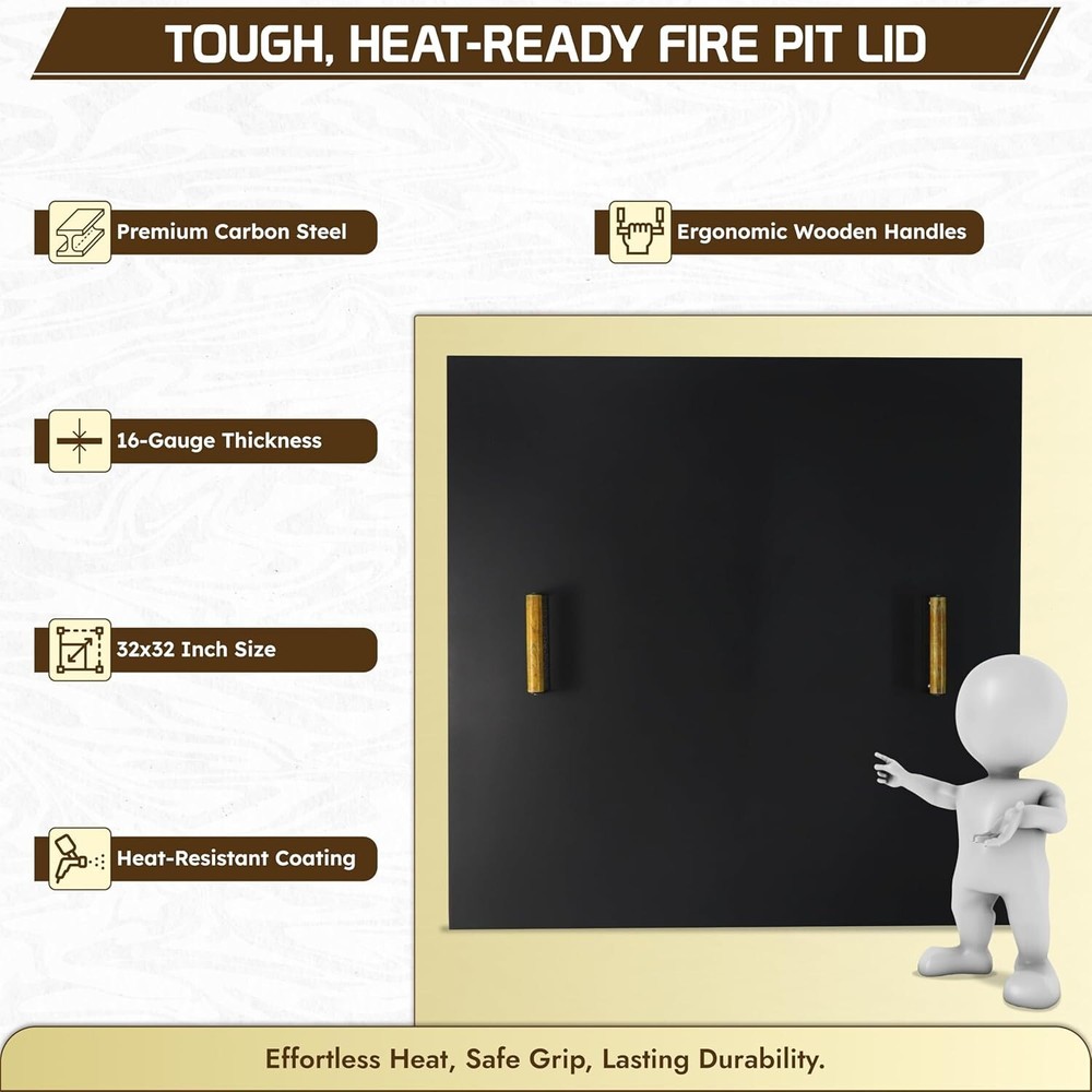 FEBTECH 34" Square Fire Pit Snuffer Lid for 32" FirePit with Wooden Handles