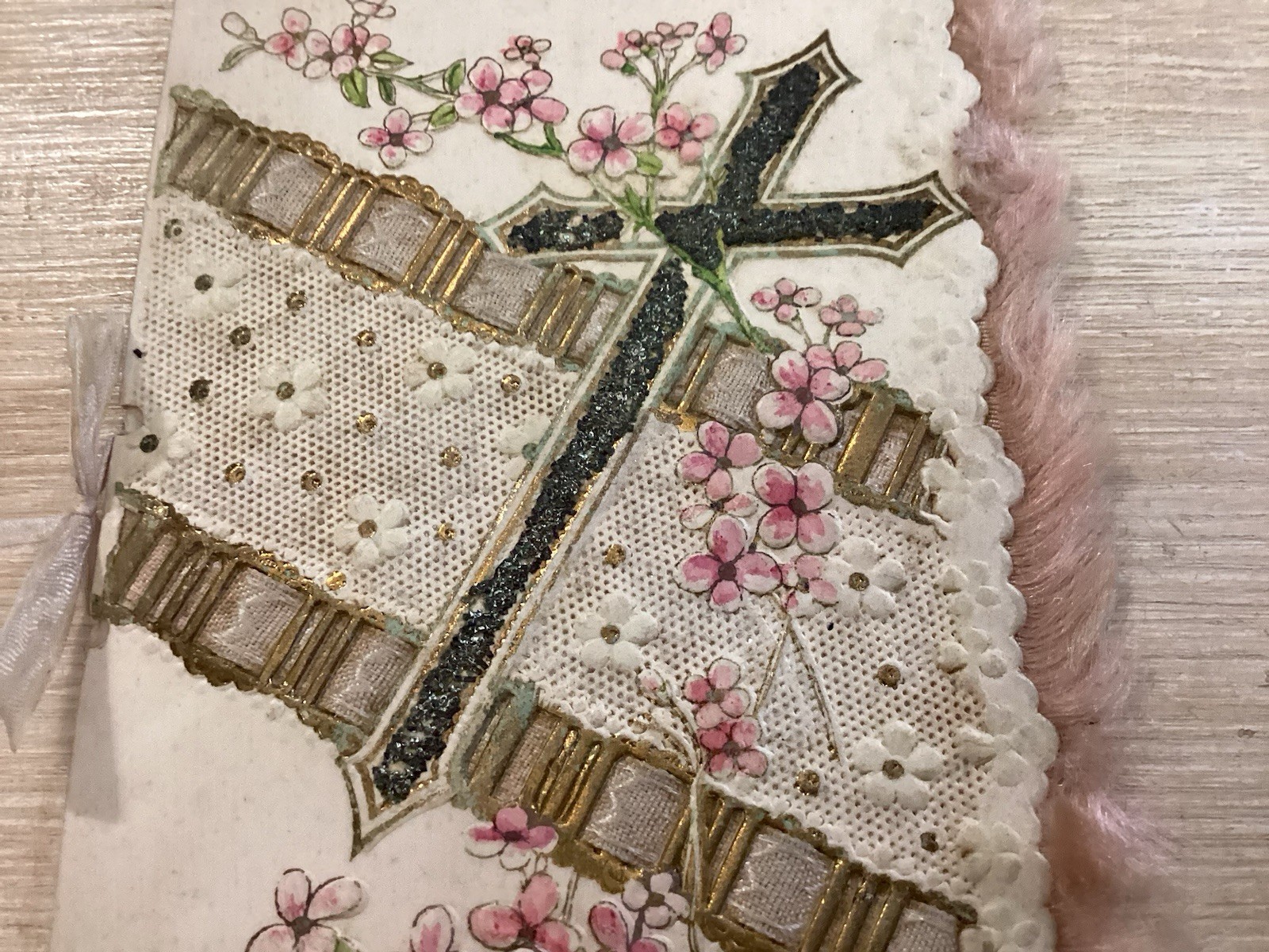 Beautiful French 1 St Communion Card Ribbon Bow Cross Glitter