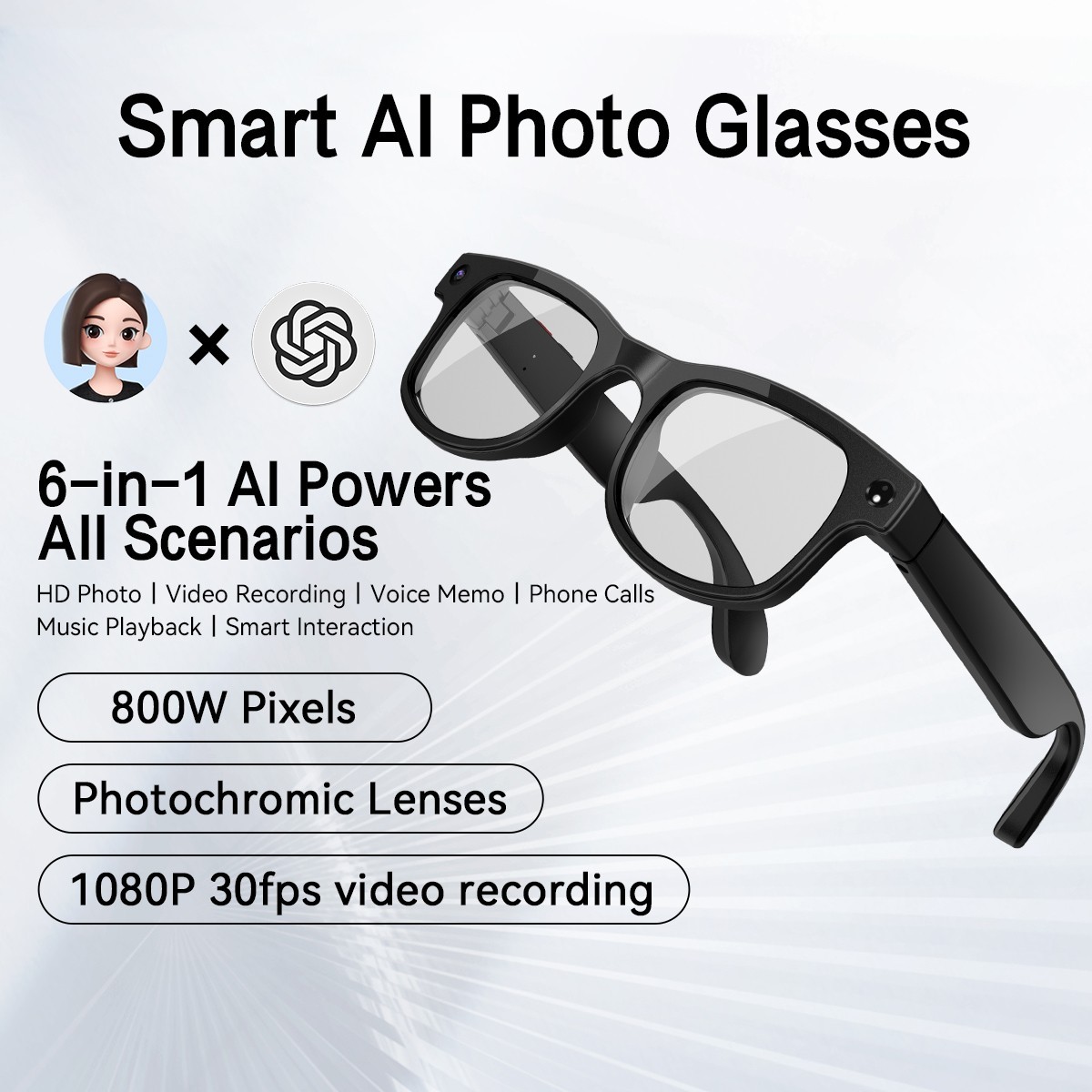 AI Smart Glasses 8MP Camera 4k HD Video Real-Time Translation Image Recognition