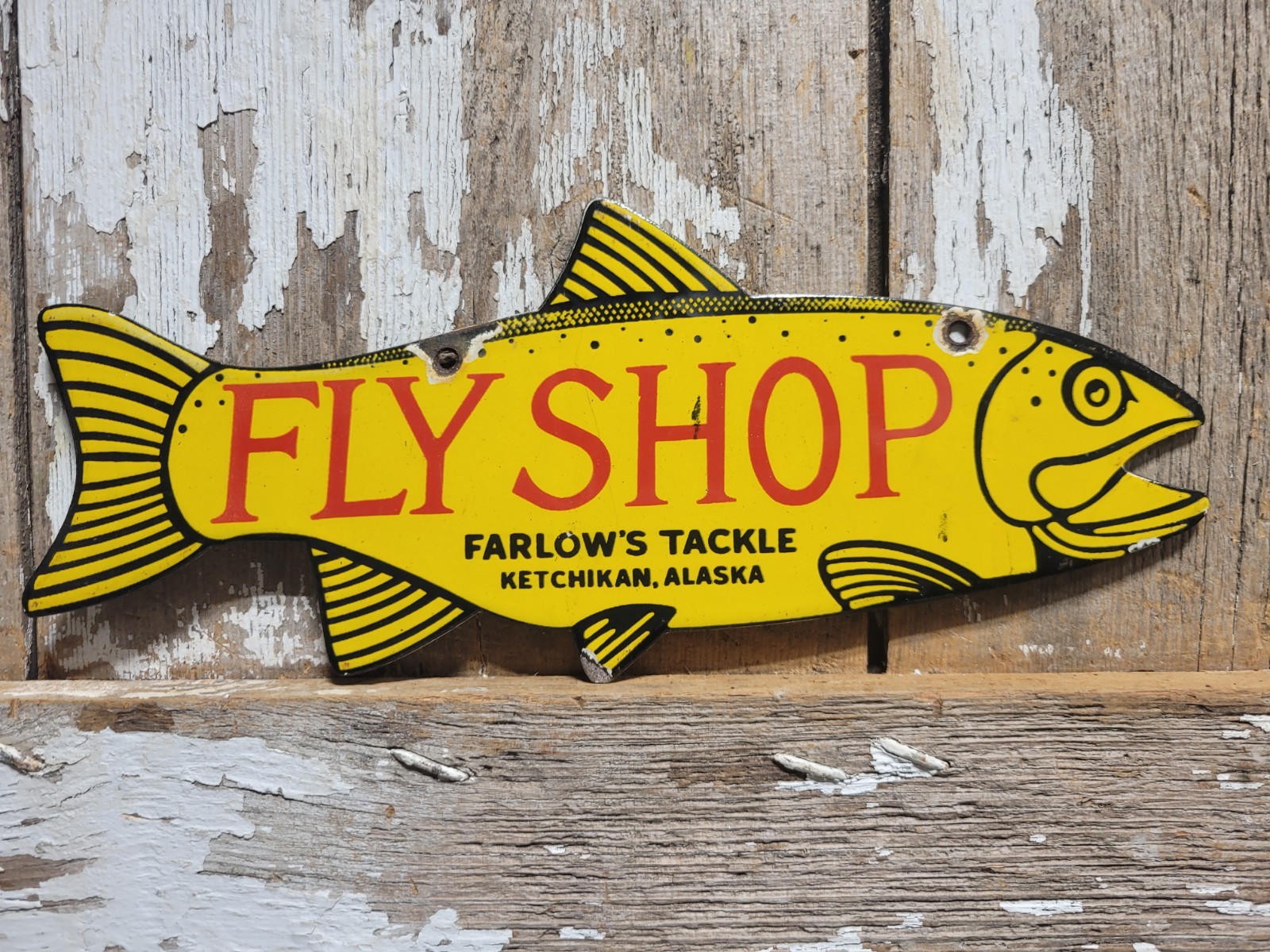 VINTAGE FISH PORCELAIN SIGN OLD FLY SHOP FARLOWS TACKLE KETCHIKAN ALASKA SALMON
