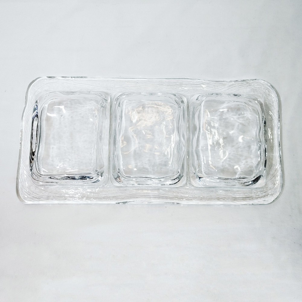 Recycled Glass Divided Tray 3 Compartments Rectangle Clear Pebbled Texture