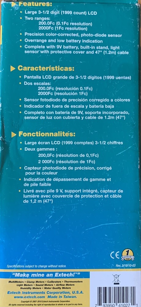EXTECH 401027 FOOT CANDLE DIGITAL LIGHT METER 200FC 2,000FC FOR BASIC LIGHTING