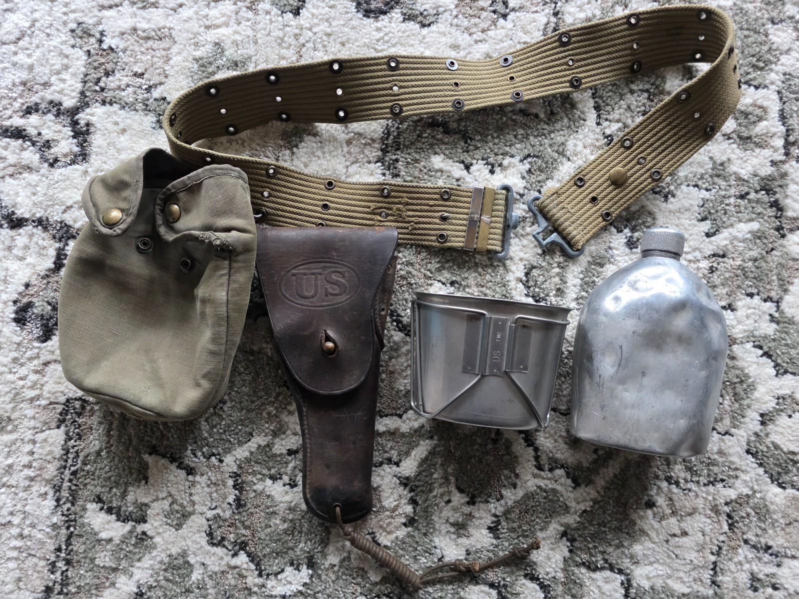 WWII era field gear lot .45 leather pistol holster canteen cover belt etc