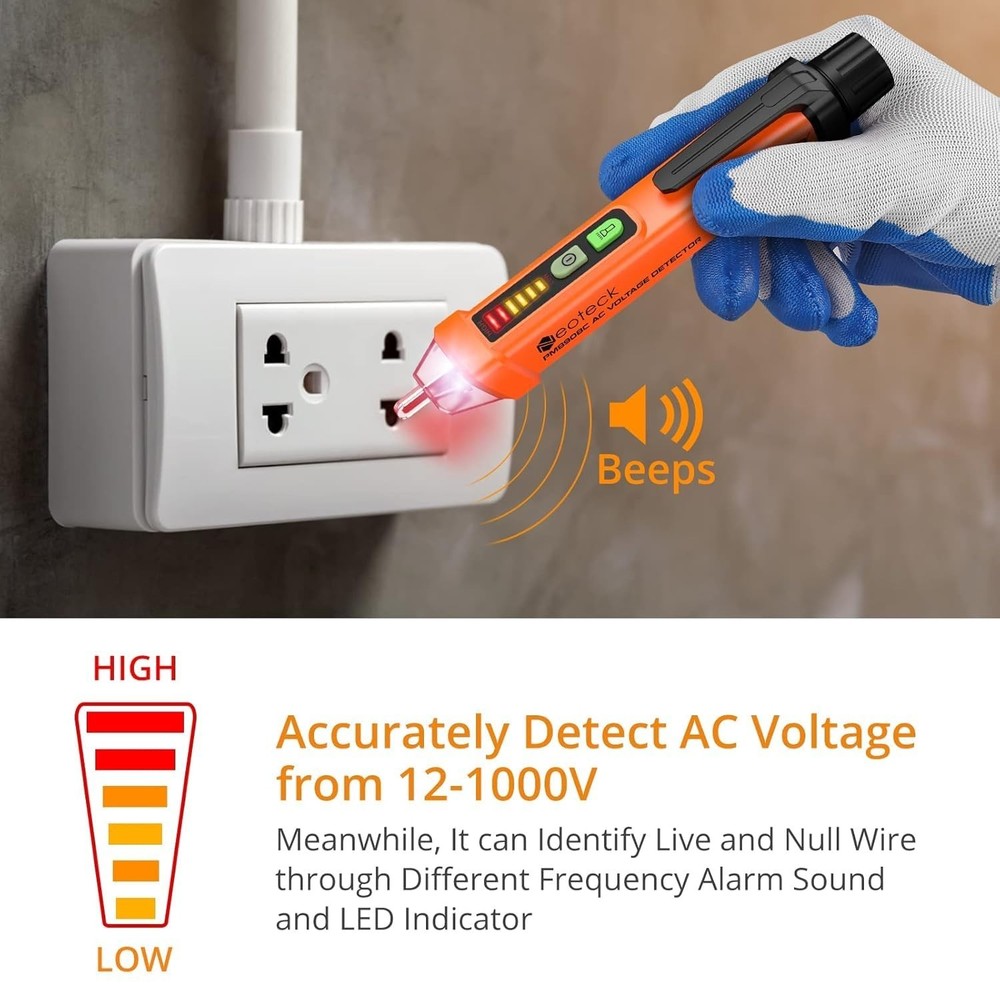 Professional Non-Contact Voltage Tester 12-1000V, Beeper & Flashlight Function