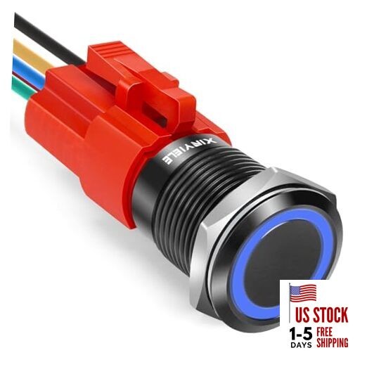 16MM Latching 12V Push Button Switch On Off,Waterproof Black Shell Blue LED