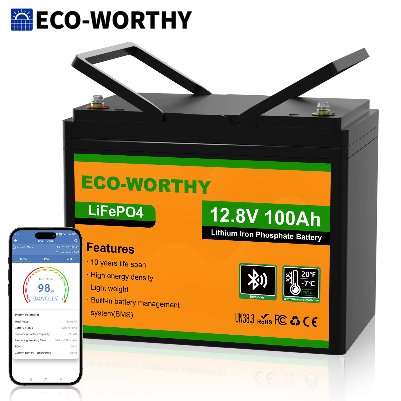 ECO-WORTHY 1280Wh 12V 100AH LiFePO4 Lithium Battery Bluetooth For RV Camping