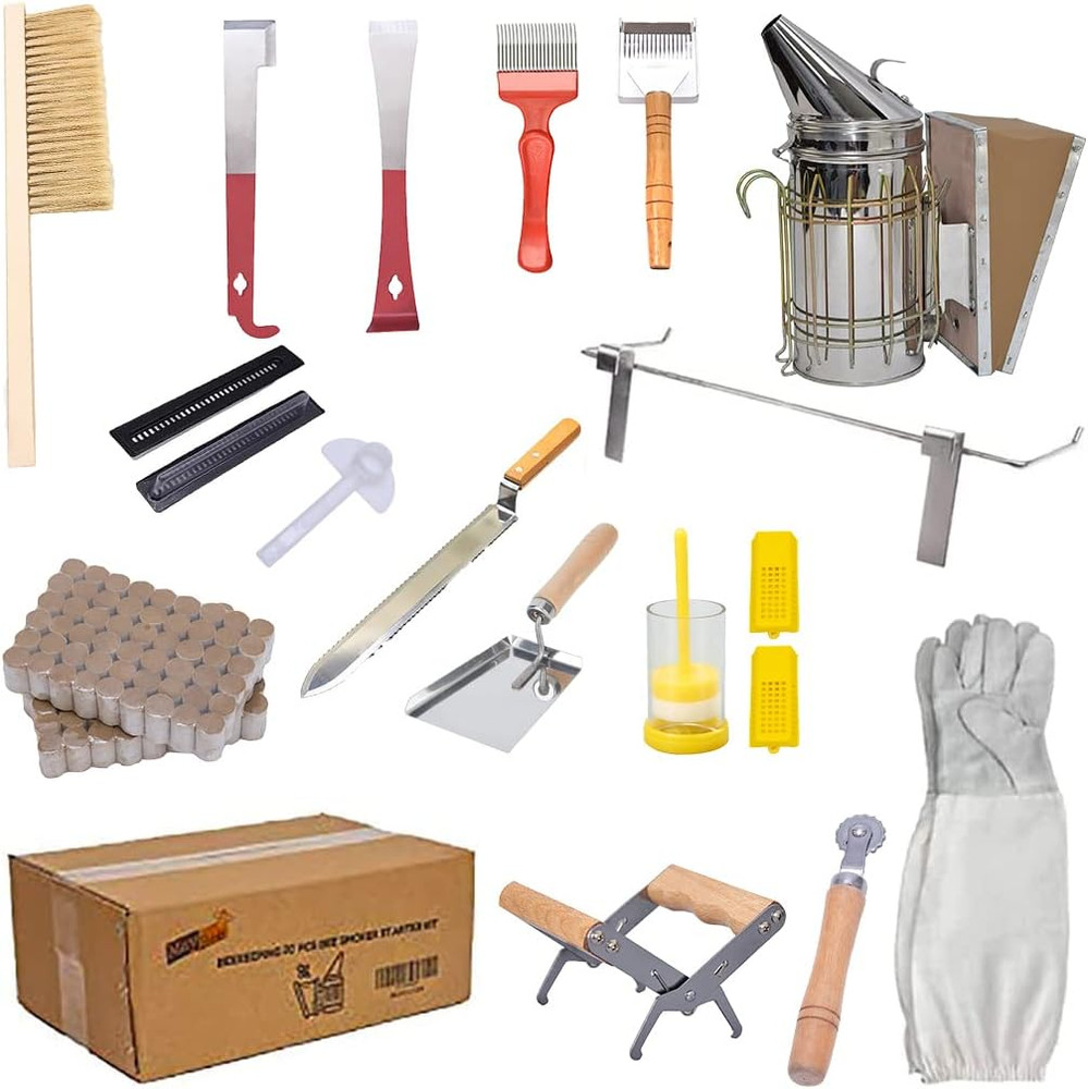 20Pc Beekeeping Starter Kit Smoker Gloves Hive Tools Honey Extract Set