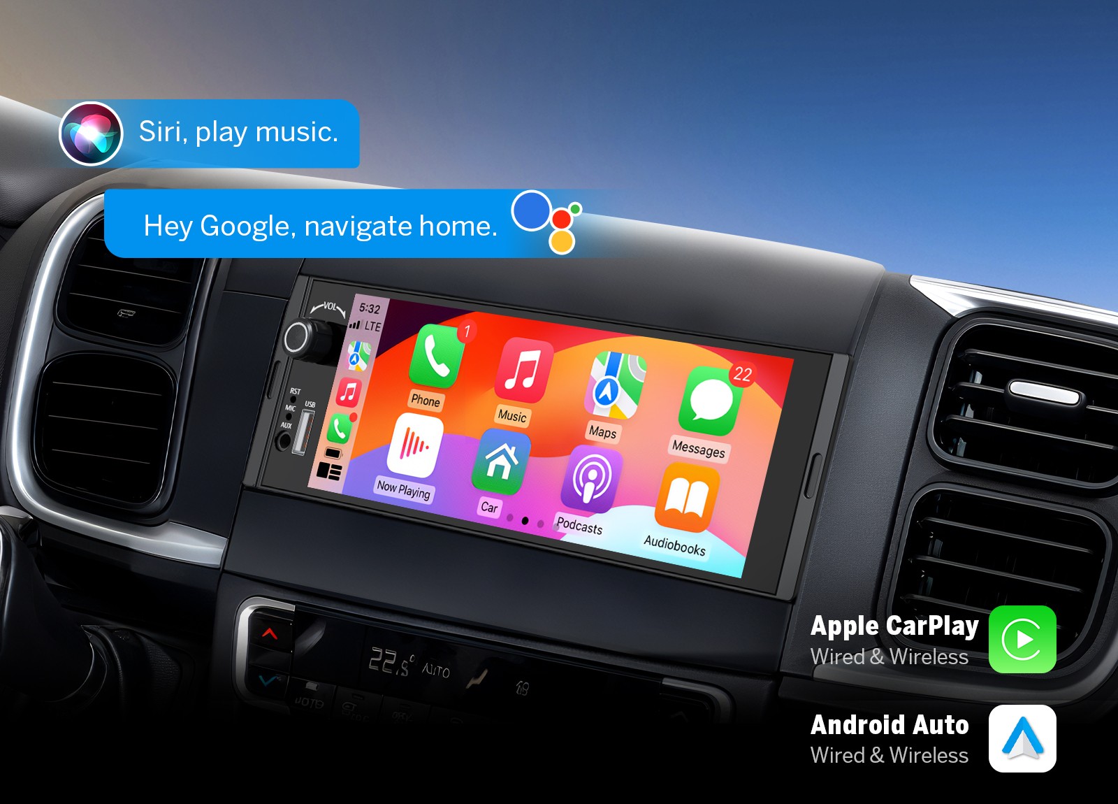 Wireless CarPlay Android Auto 6.36" 1DIN Receiver w/ Bluetooth 5.3 RDS AM/FM USB