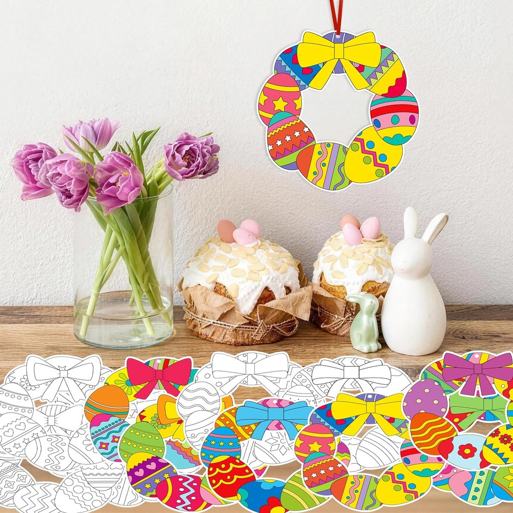 24 Sets Easter Wreath Craft Kits DIY Spring Easter Egg Coloring Paper Wreath ...