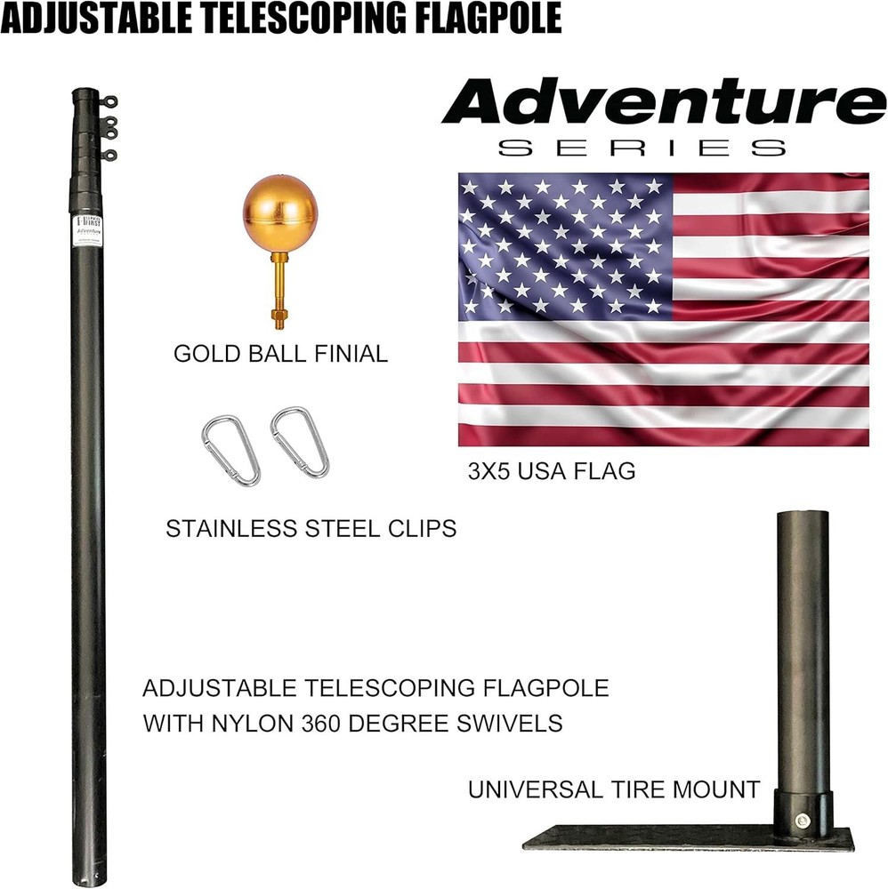 Black Complete Tailgate Flag Pole Package 20FT Black with Stainless Steel Tir...