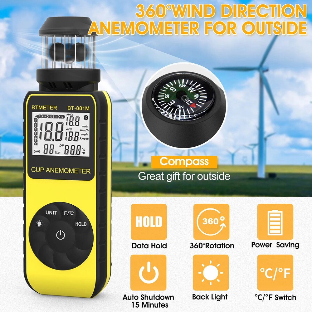 Digital Anemometer, Measuring Wind Speed, Temperature, Single Compass Anemometer