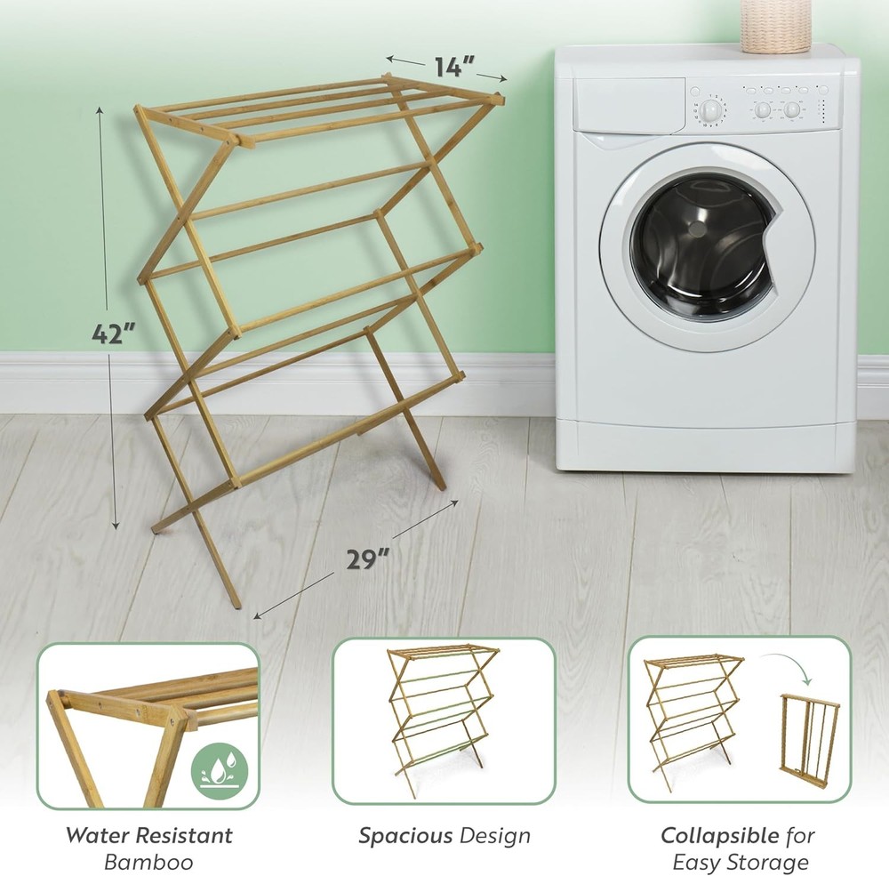 Eco-friendly Bamboo Drying Rack, Foldable Laundry Rack, 10 Hanging Bars