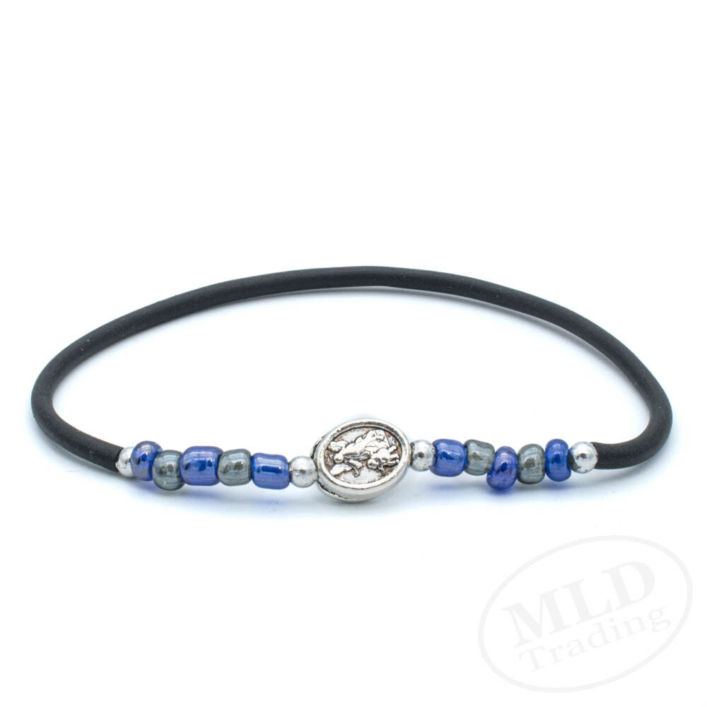 Saint St. Michael Guardian Angel Stretch Rosary Bracelet w Blue Glass Beads