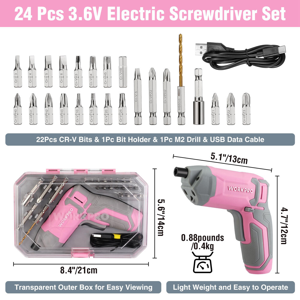 WORKPRO Cordless Screwdriver Set 3.6V Rechargeable Eccentric Screwdriver 24 Bits