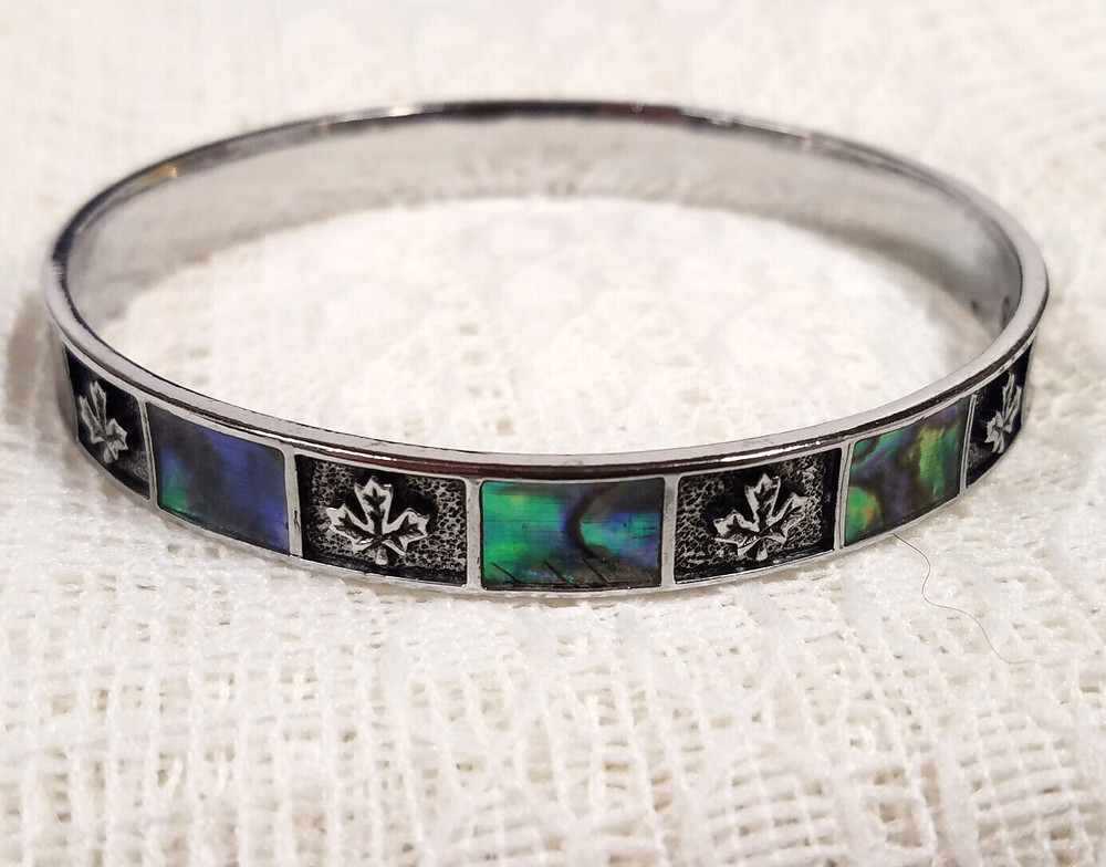 Vintage Signed M Bangle Abalone Shell Inlay Silver Tone Maple Canada Leaf 2-1/2"