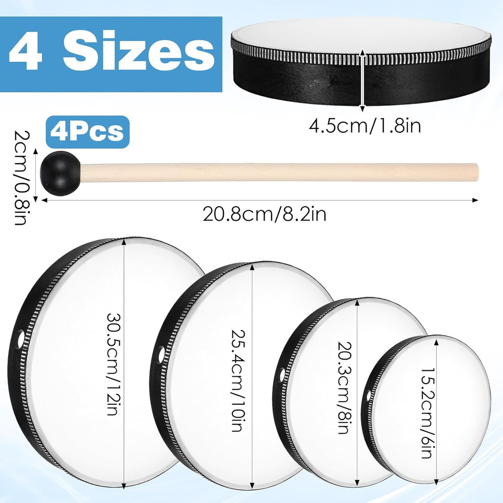 4 Pack Hand Drum Set 6-12" Wood Frame Percussion Instruments Sticks Beginners