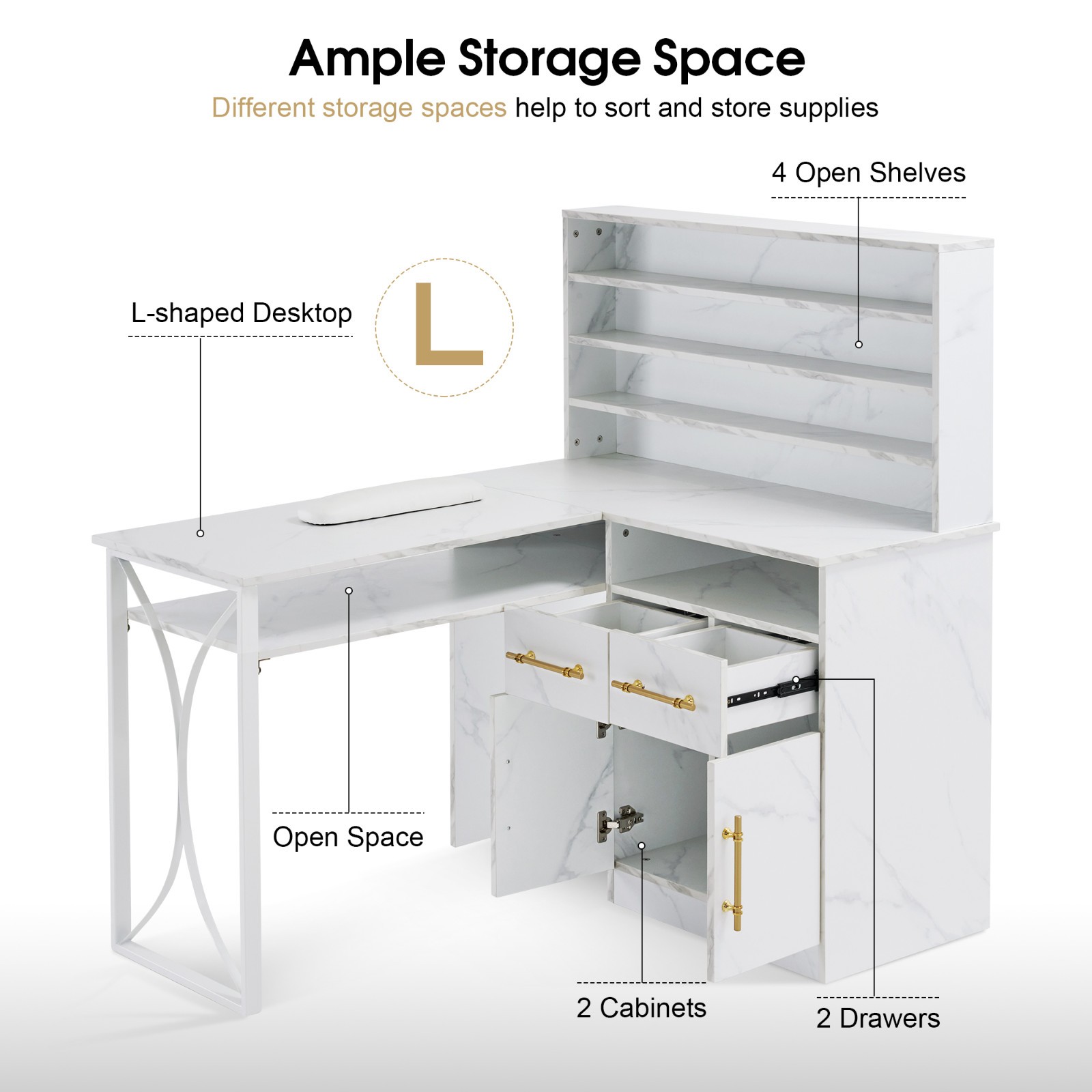 L-shaped Nail Desk for Storage, Versatile Manicure Table with Drawers & Cabinets