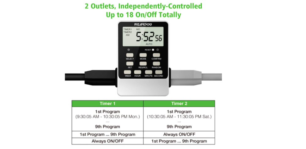 Dual Digital Light Outlet Timer Switch 18 Programs Auto Turn On Off Electronics