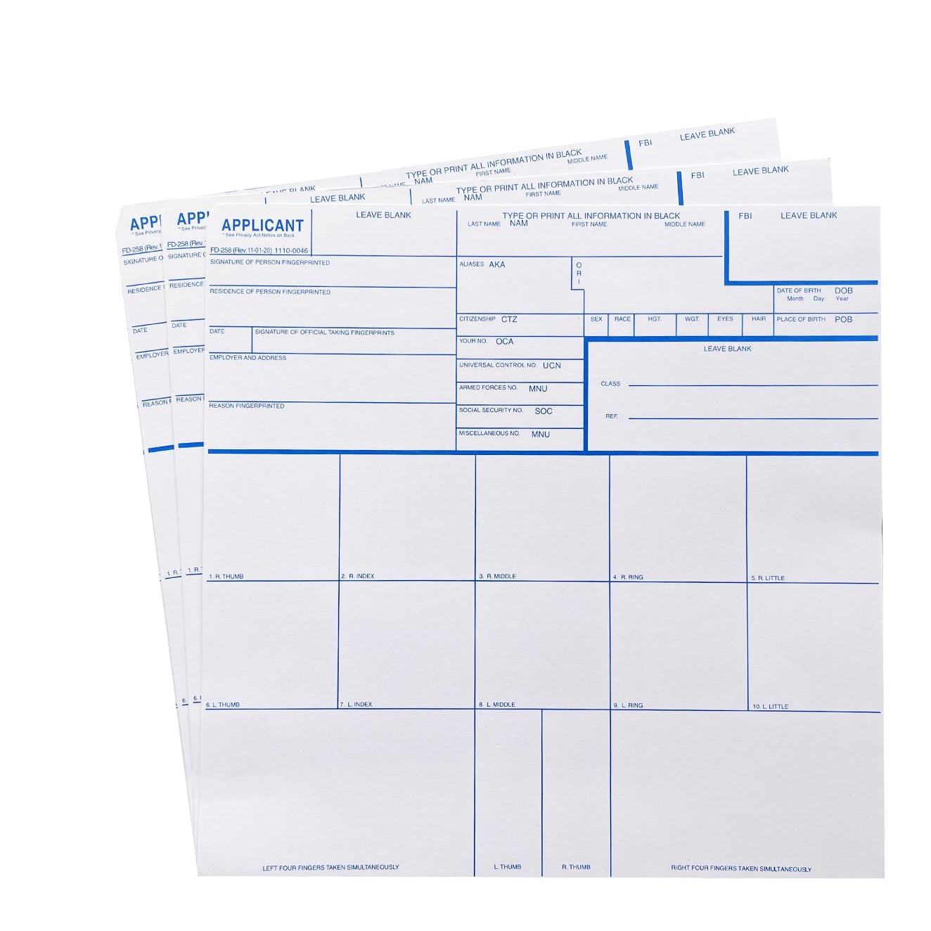FBI Fingerprint Cards Form FD-258 3 pack