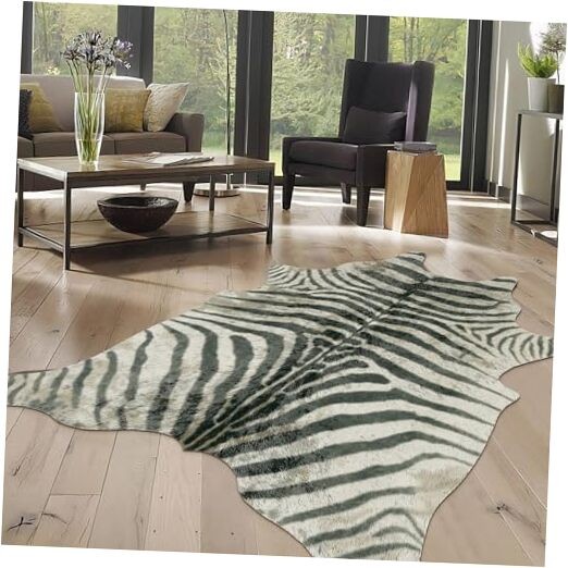 Zebra Print Area Rug, 4.6x5.2 Feet - Faux Zebra Hide for Bedroom, Black &