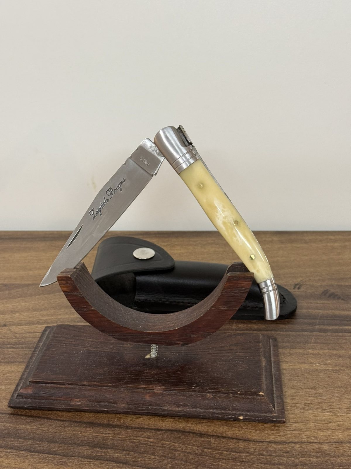 Vintage Laquiole Pocket Knife Blade Steel Antler Handle Leather Sheath Mens Rare