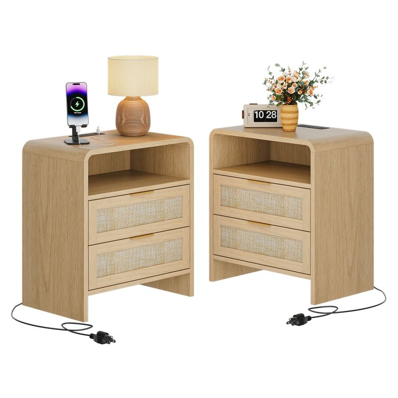 2PCS Nightstand Bedside End Table With 2 Drawers, Storage Shelf, Charging Socket