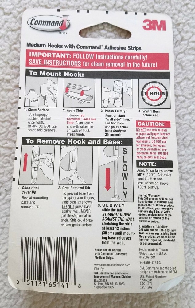 3M Brand ~ Command Strip Hooks ~ Size Medium ~ 2 Pack