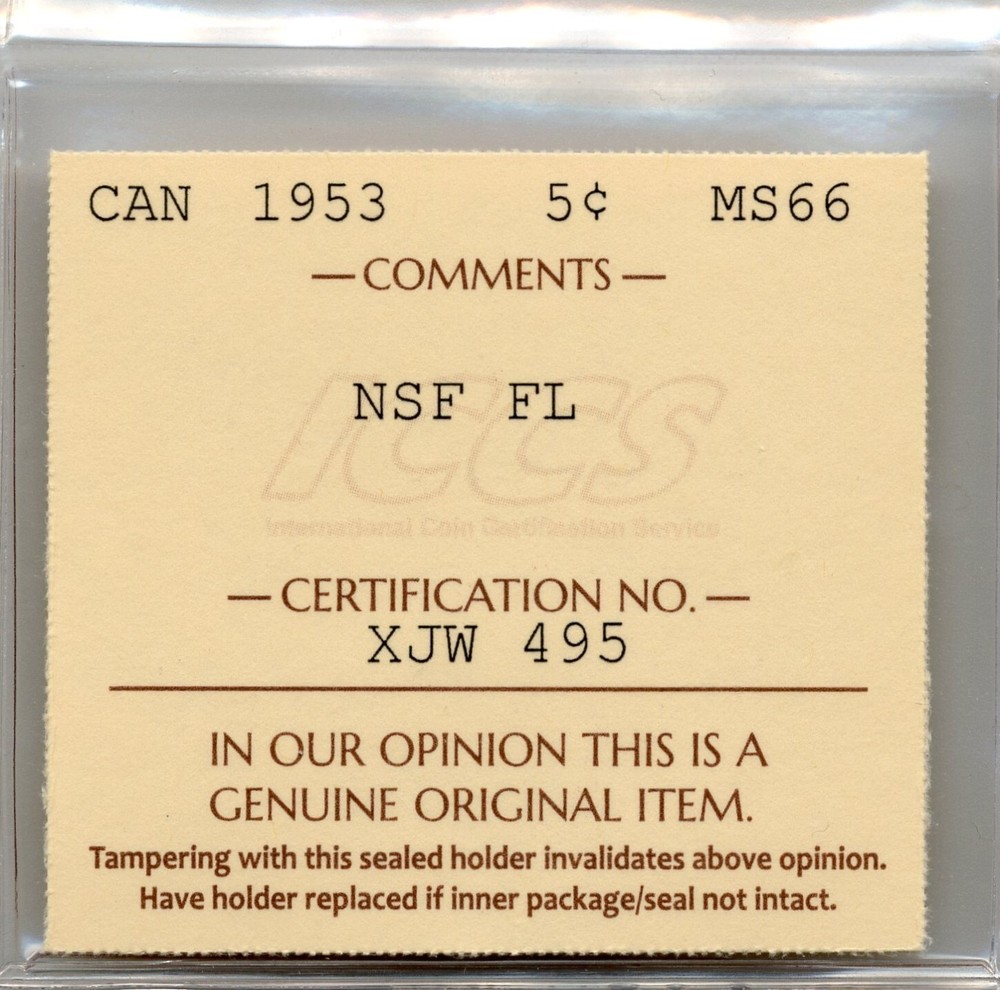 1953 Canada 5 Cent, No Shoulder Fold, Far Leaf - Gem Uncirculated, ICCS MS 66
