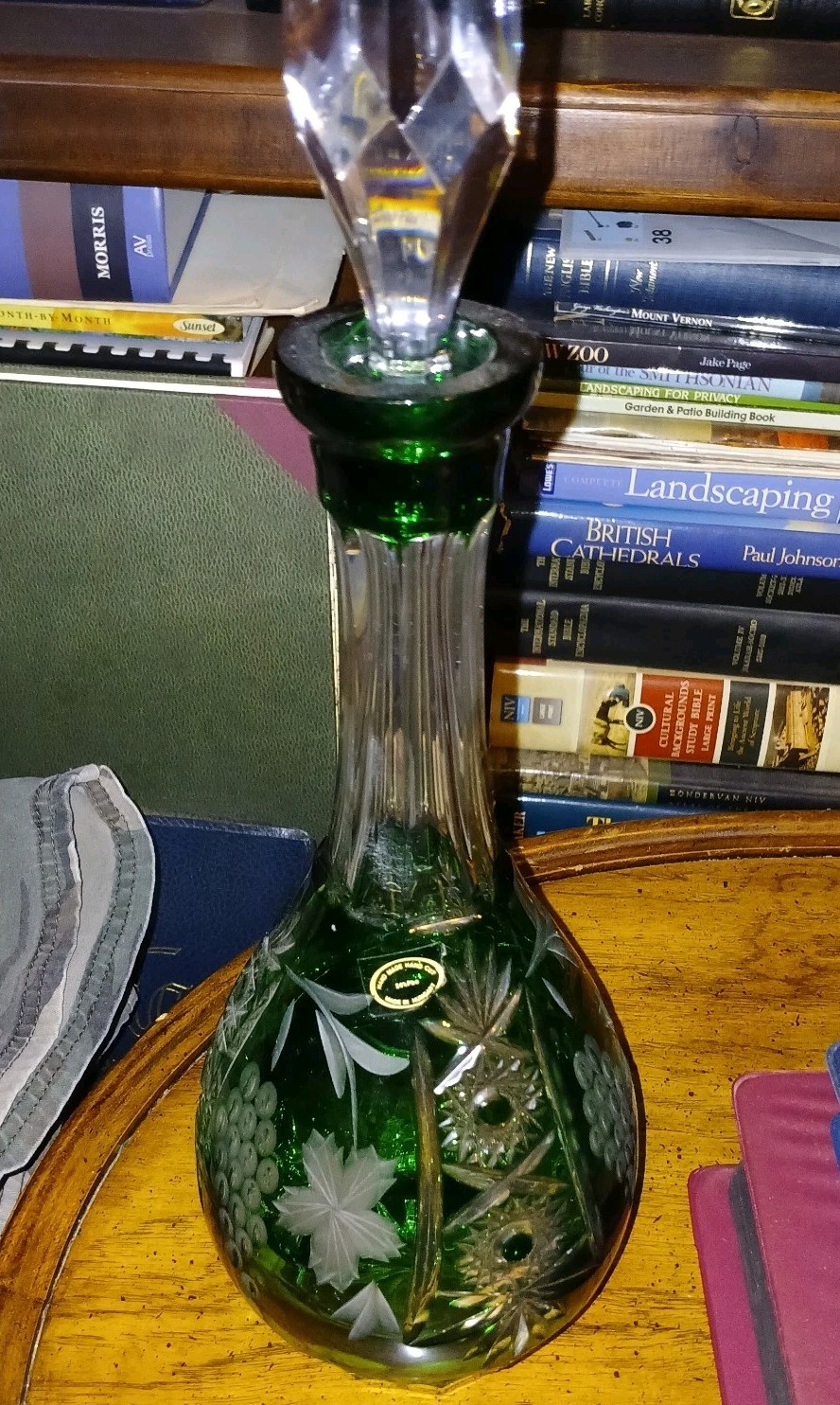 Green Cut To Clear Crystal DeCanter Hand Made 12.5" Tall W/Stopper, Hungary