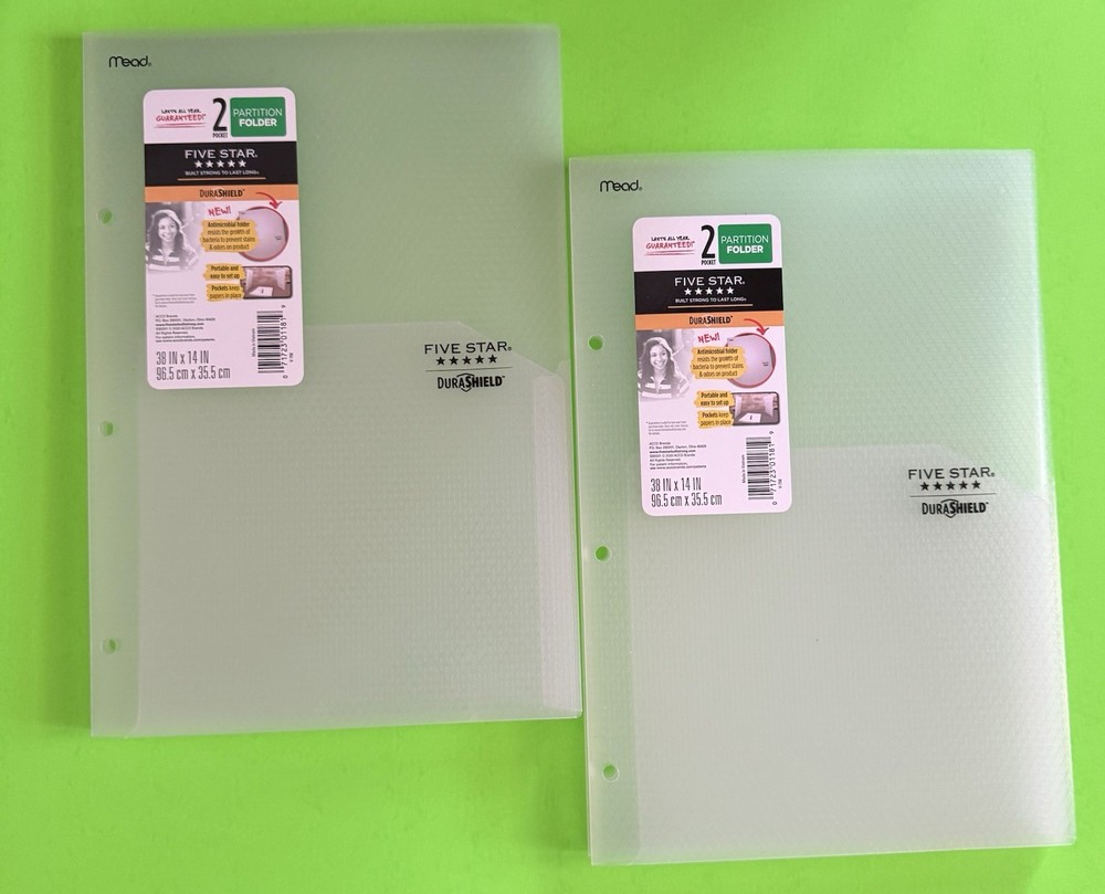 Five Star DuraShield Antimicrobial Partition Folder Clear 2 Pockets NEW 2 Count