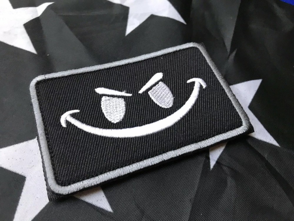 WHITE Evil Smile Smiley Face Embroider Hook/Loop Patch