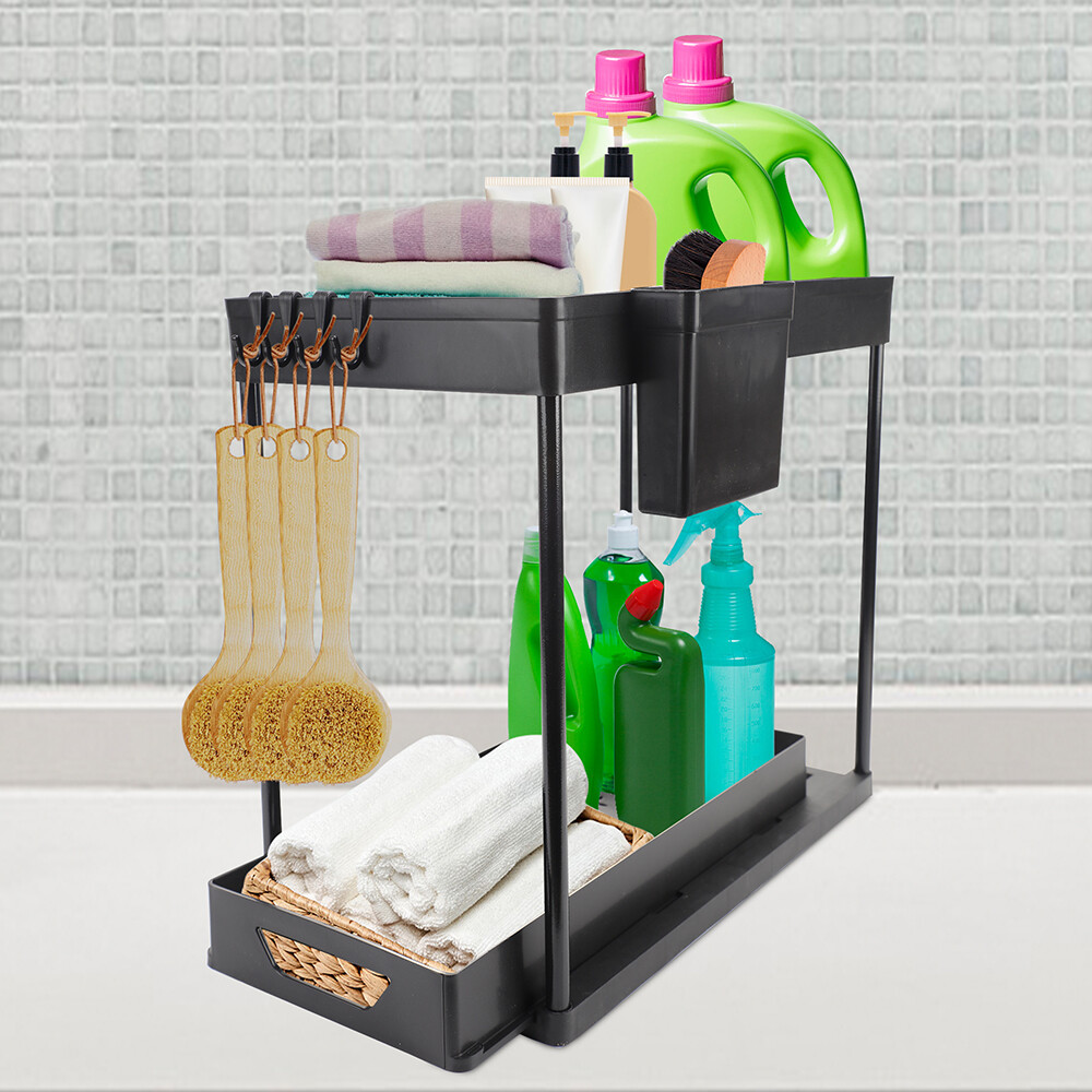 Compact Pull-Out Under Sink Organizer, 2-Tier Cabinet Rack, 2 Pack for Storage
