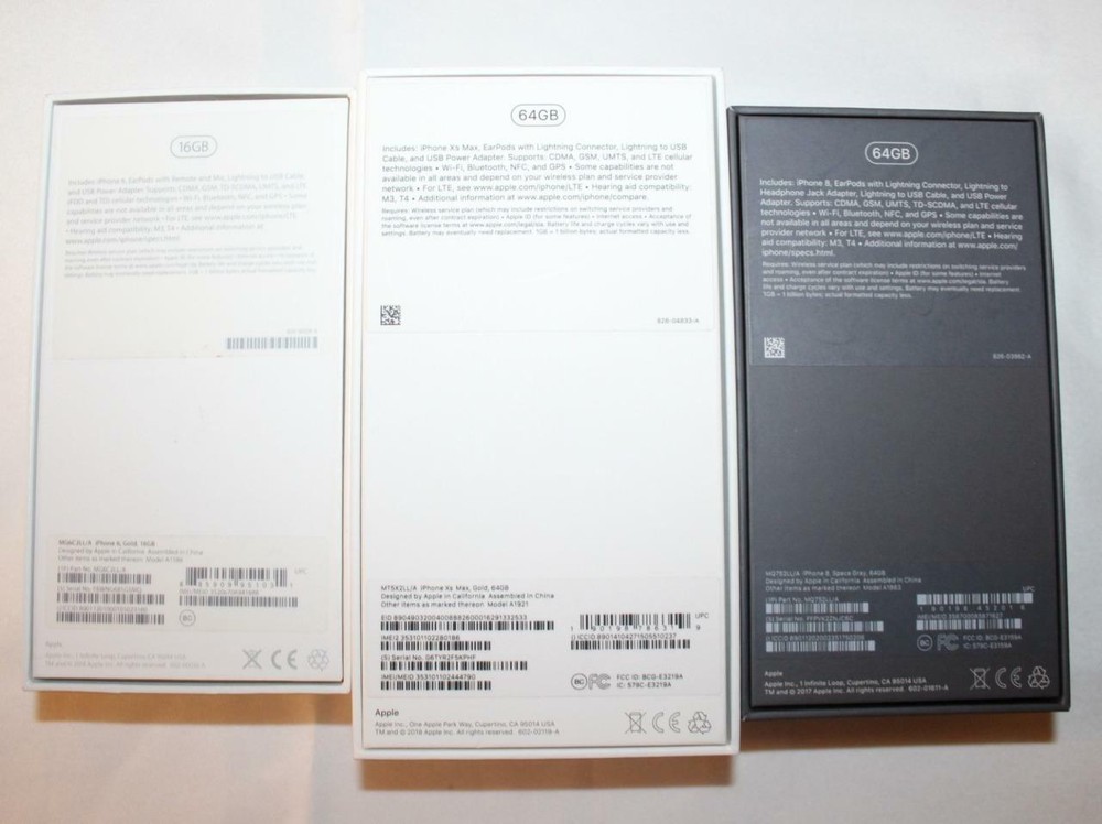 Three (3) EMPTY Apple iPhone Boxes iPhone 6 Xs Max & 8 Paperwork Earpods Holder