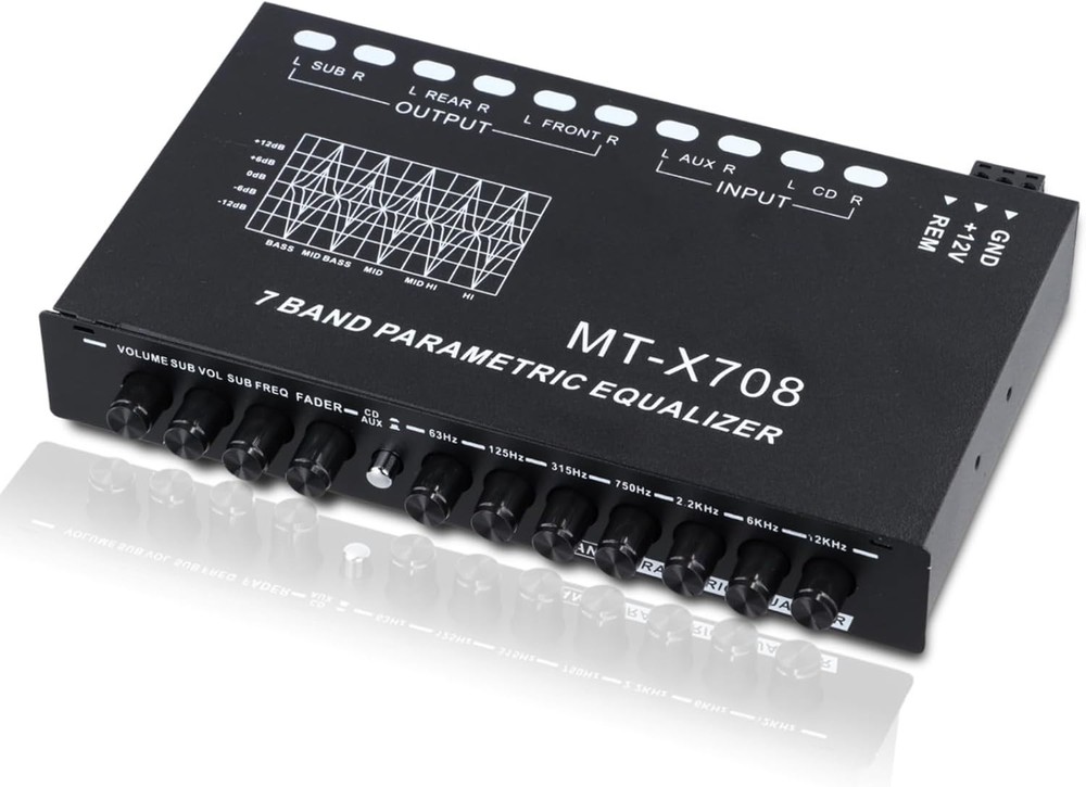 7-Band Car Audio Equalizer with Subwoofer Outputs, Adjustable Dials, Compact ...