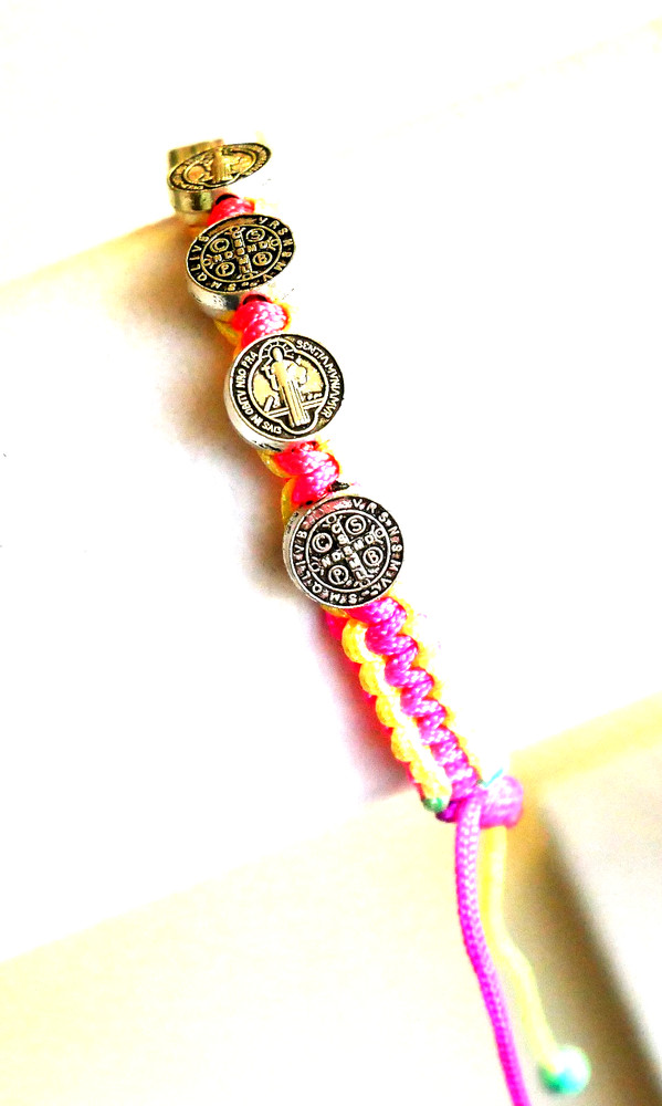 St Benedict Multi Color Cord Rosary Bracelet with Silver Tone Medallions (6 pcs)