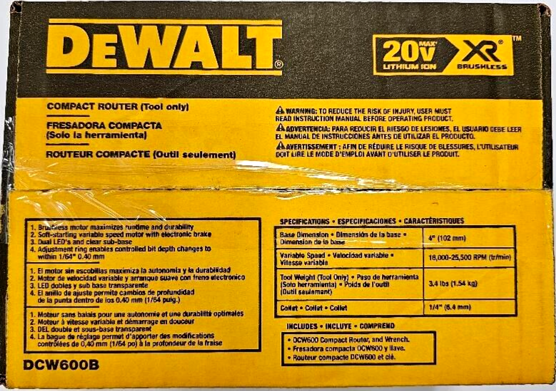 DeWalt DCW600B 20V Max XR Brushless Compact Router Drill Variable Speed 20 Volt