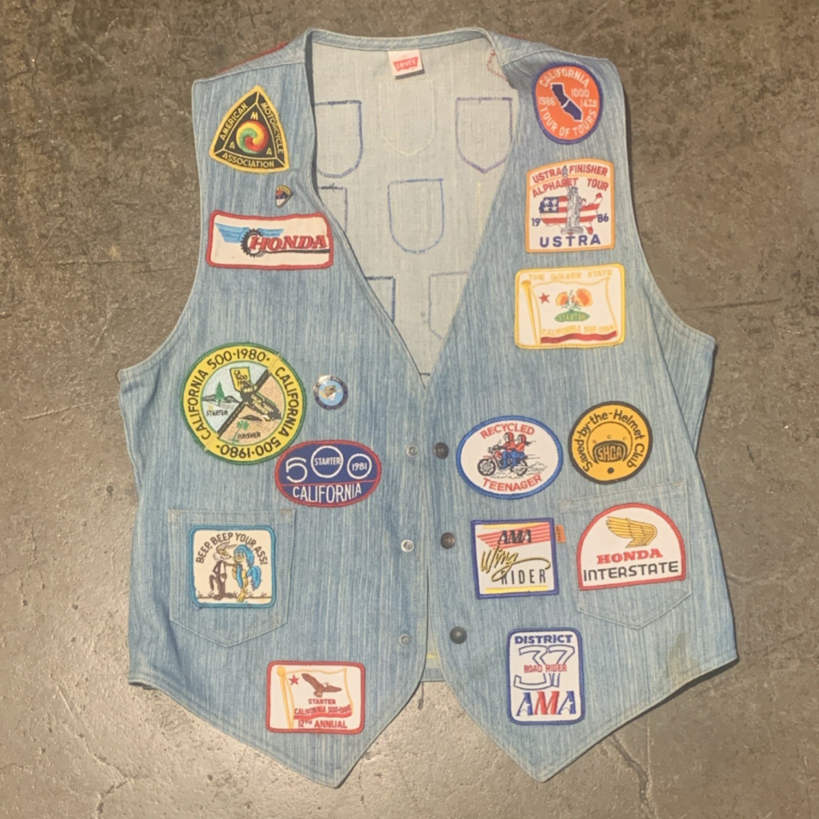 Levis vintage orange tab  Large Denim Vest  Motorcycle Patches California