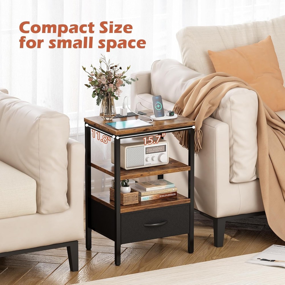 Nightstand with Charging Station, Bed Side Table with Adjustable Fabric Drawer