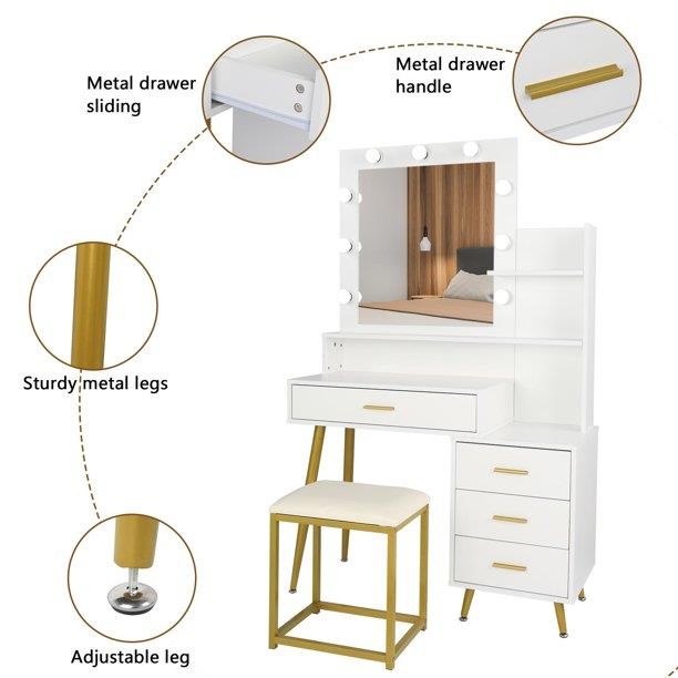 Vanity Table Set with LED Lighted Mirror Makeup Table 4 Drawers Dressing Desk