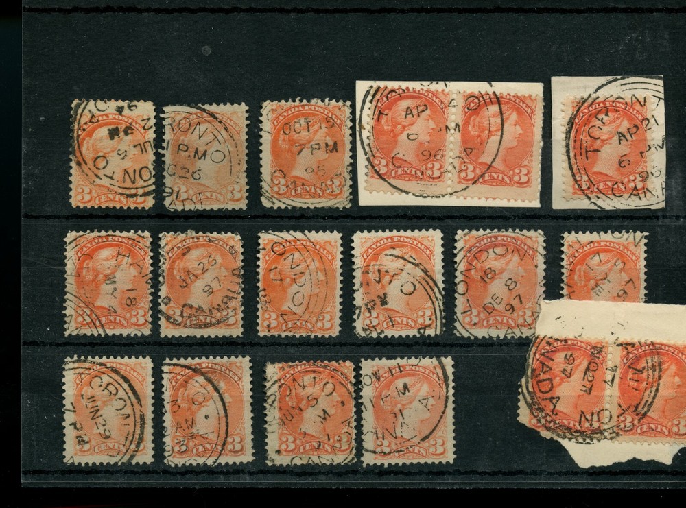 DATED COPIES SON on 2 & 3 ring orbs THREE cent Small Queens Canada used