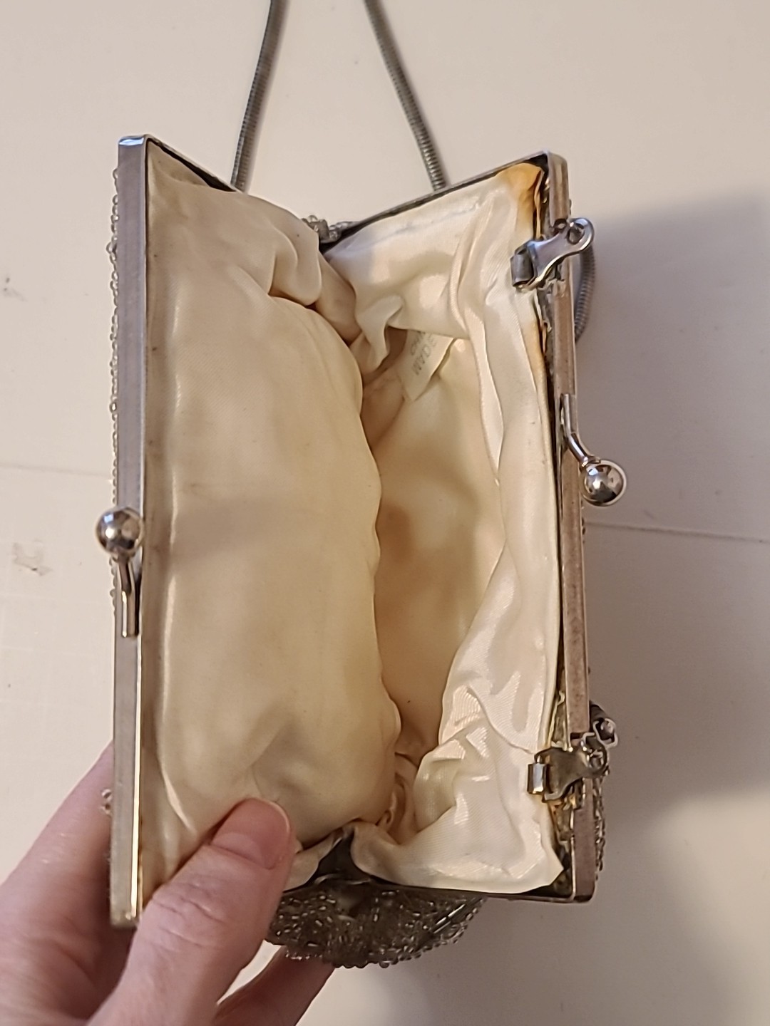 Vintage Beaded Silver Clam Shell Purse Evening Bag Retro Mermaid