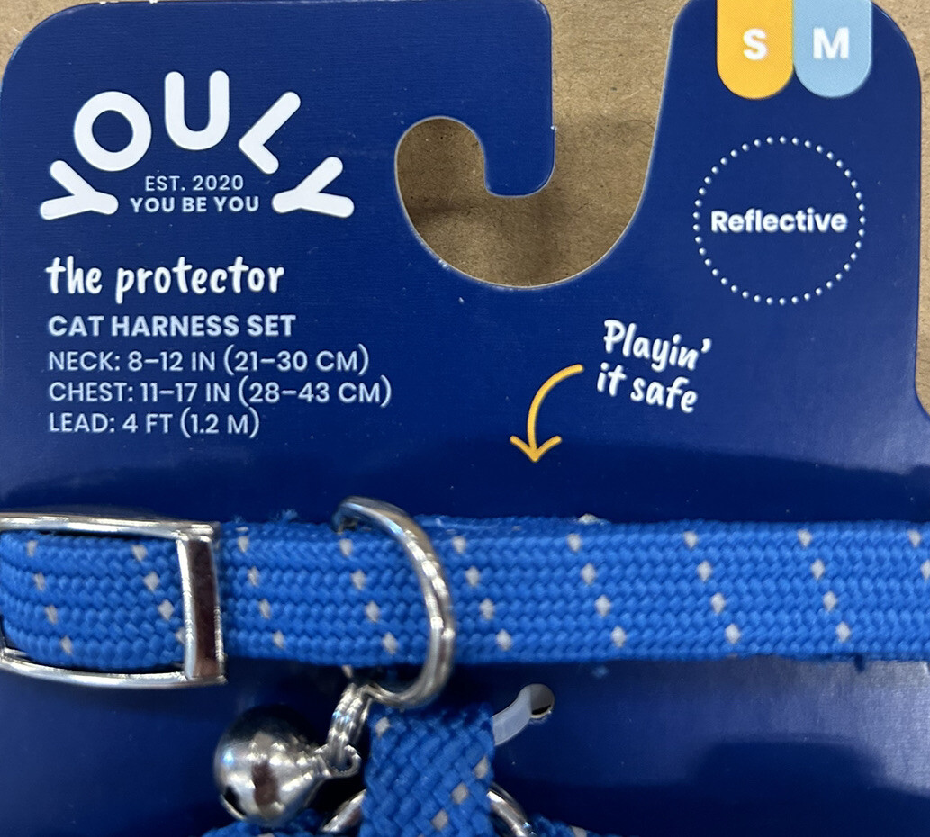 Youly Blue Reflective Cat / Pet Harness & Leash Set, S/M, 4’ Leash, Bell Charm
