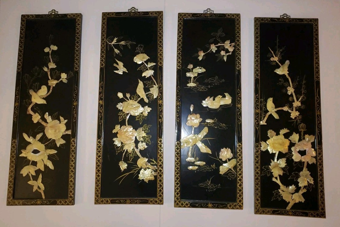 Vintage MCM 4-Panel Mother of Pearl/Black Lacquer Asian Art Wall Panels 36"x12"