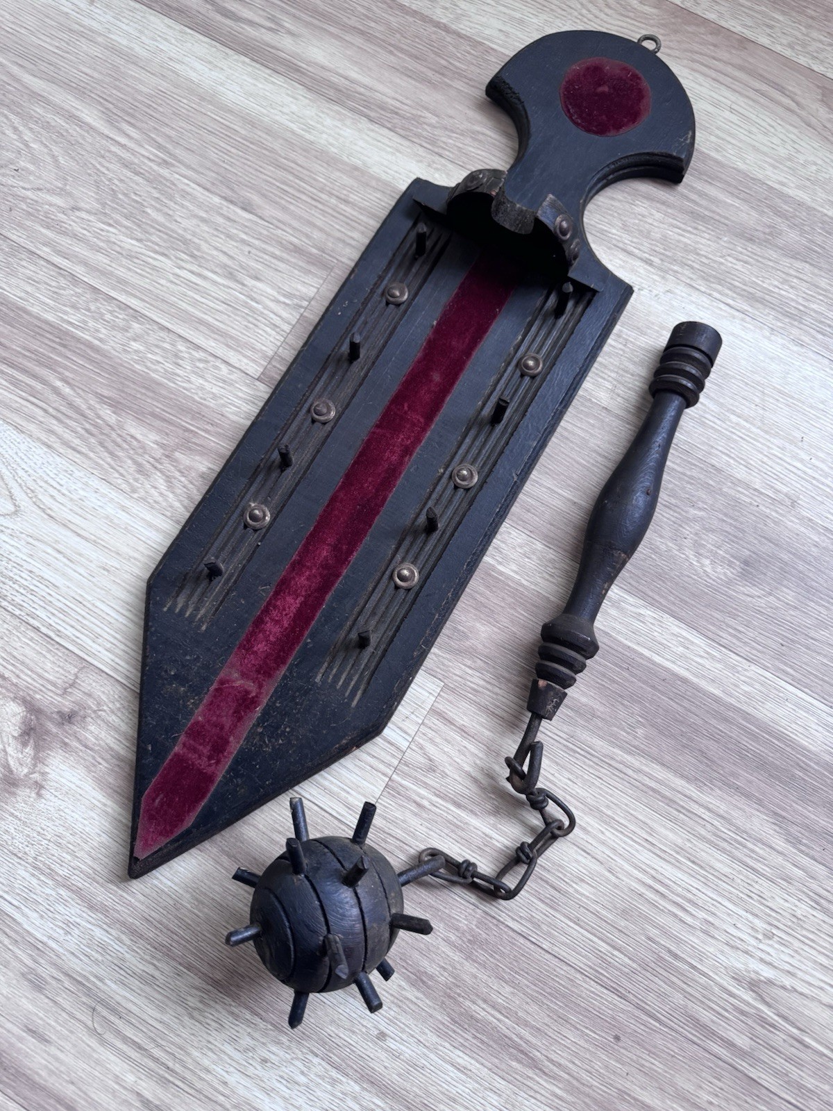 1960 Medieval Mace & Flail Wall Decor Wood Plaque Removable Weapon Vintage