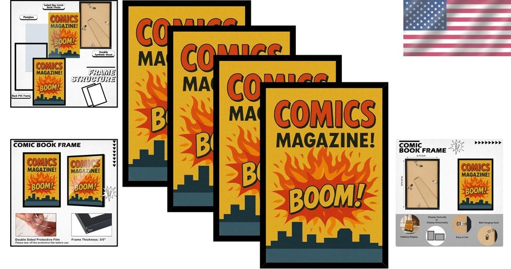 Versatile 4-Pack Black Frames for Comics and Artwork - Shatter-Resistant Design